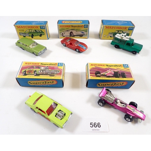 566 - Five Matchbox boxed toy cars - Superfast Ford GT No 41, Rat Rod Dragster No 62, Formular 1 Racing Ca... 