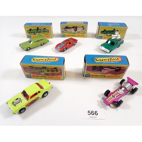 566 - Five Matchbox boxed toy cars - Superfast Ford GT No 41, Rat Rod Dragster No 62, Formular 1 Racing Ca... 