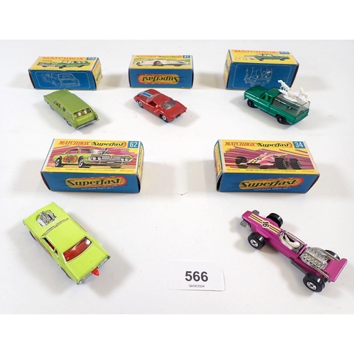 566 - Five Matchbox boxed toy cars - Superfast Ford GT No 41, Rat Rod Dragster No 62, Formular 1 Racing Ca... 