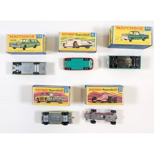 566 - Five Matchbox boxed toy cars - Superfast Ford GT No 41, Rat Rod Dragster No 62, Formular 1 Racing Ca... 