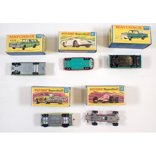 566 - Five Matchbox boxed toy cars - Superfast Ford GT No 41, Rat Rod Dragster No 62, Formular 1 Racing Ca... 