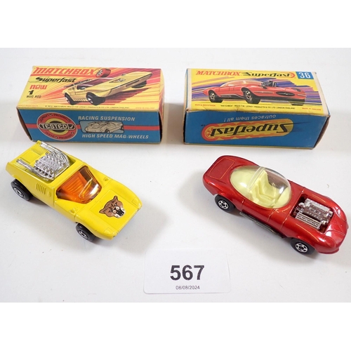 567 - Two Matchbox Superfast boxed toy cars - Draguar No 36 and Mod Rod No 1