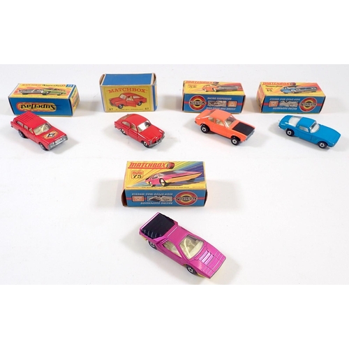 568 - Five Matchbox boxed toy cars - Superfast Iso Grifo No 14, Mercury Commuter No 73, Alfa Carabo No 75,... 