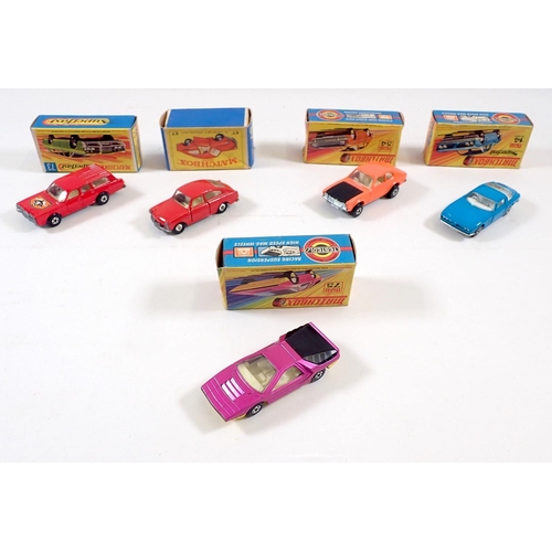 568 - Five Matchbox boxed toy cars - Superfast Iso Grifo No 14, Mercury Commuter No 73, Alfa Carabo No 75,... 