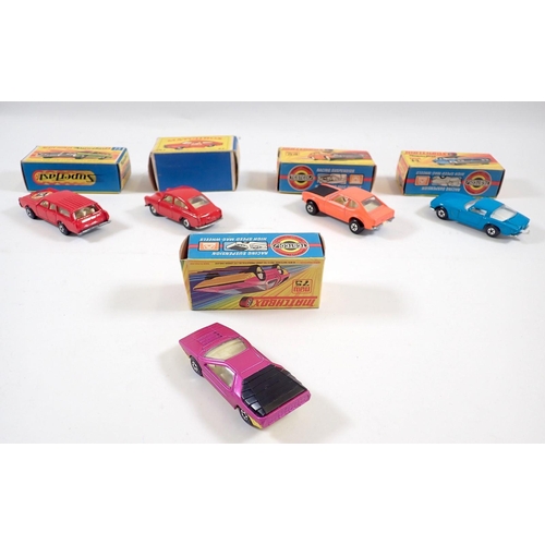 568 - Five Matchbox boxed toy cars - Superfast Iso Grifo No 14, Mercury Commuter No 73, Alfa Carabo No 75,... 