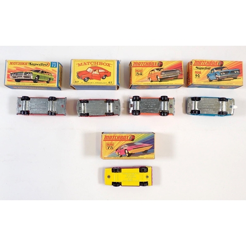 568 - Five Matchbox boxed toy cars - Superfast Iso Grifo No 14, Mercury Commuter No 73, Alfa Carabo No 75,... 