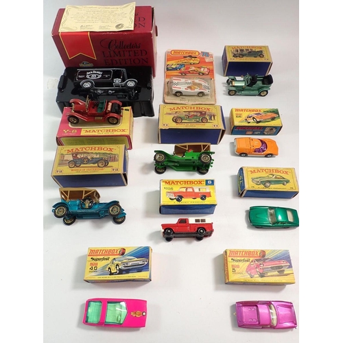 569 - A group of Matchbox boxed toy cars including Superfast Lotus Europa No 5, Mazda RX500 No 66, Ferrari... 