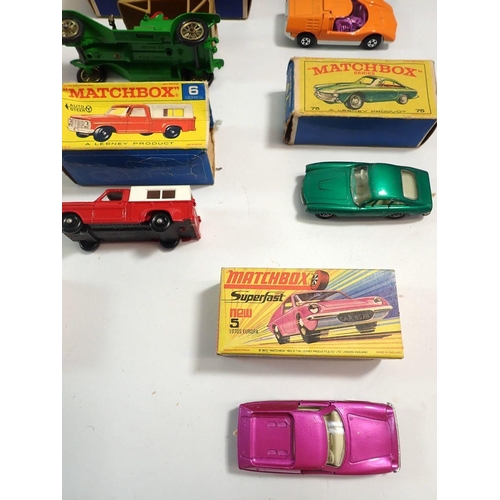 569 - A group of Matchbox boxed toy cars including Superfast Lotus Europa No 5, Mazda RX500 No 66, Ferrari... 