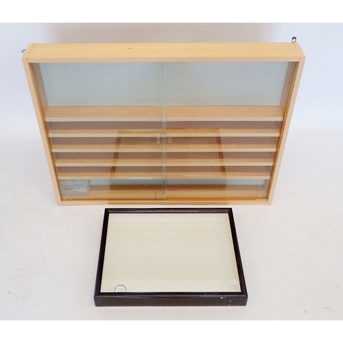 583 - A large glass fronted collectors display shelving unit, 60 x 80cm plus a smaller display box, 35.5 x... 