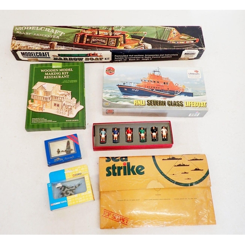 585 - A miscellaneous group of model kits and toys including Modelcraft Narrow Boat kit, Airfix RNLI Sever... 