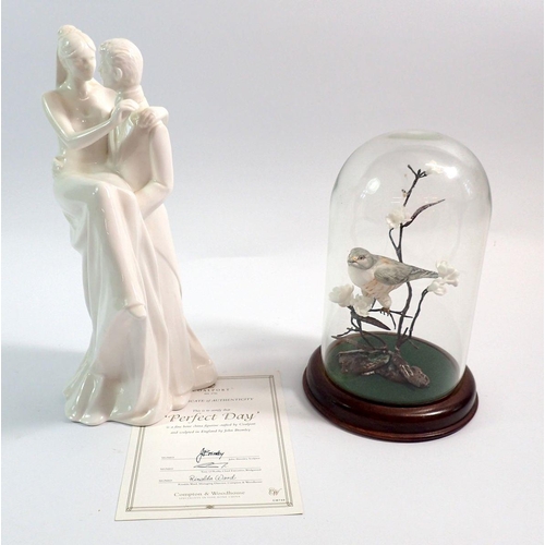 59 - A Coalport figure 'Perfect Day' with certificate and a porcelain bird under glass dome, 19cm