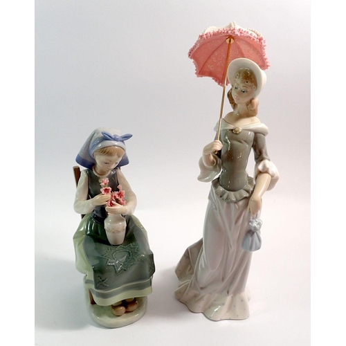 62 - A Lladro figure of seated girl with flowers, 23cm and a Lladro girl with umbrella