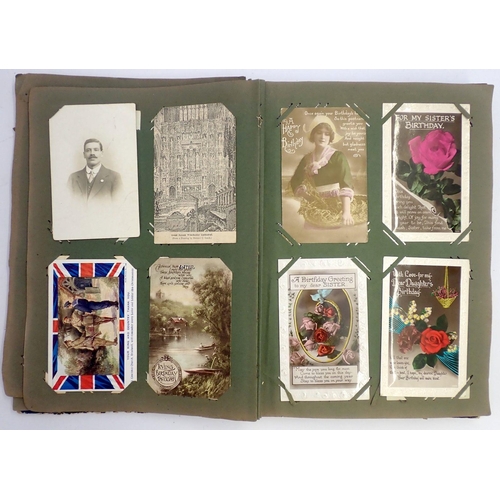 623 - An old postcard album of mainly greetings cards plus a few postcards, approximately 250