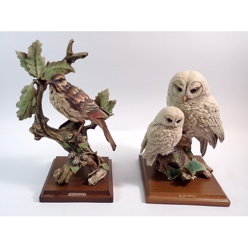 65 - A Giuseppe Armani snowy owl with chick on wooden base and a song thrush on wooden base, 28cm tall (2... 