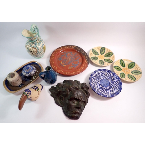 67 - A group of pottery items including Deruta Italian ewer, Camon Downs Truro pottery lidded pot, plus a... 