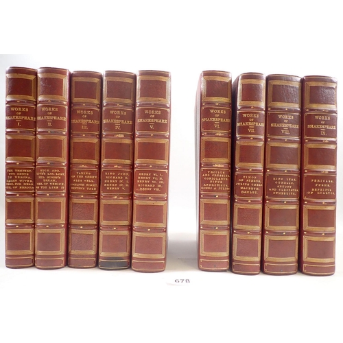 678 - A set of nine red leather bound Shakespeare editions by W A Wright published 1905