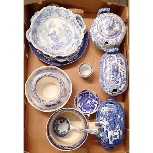 69 - A box of 19th century blue and white china  including Spode