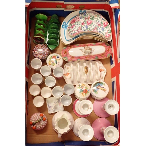 70 - A box of decorative china including toastracks, candlesticks, soap dish, kidney dishes, egg cups etc... 