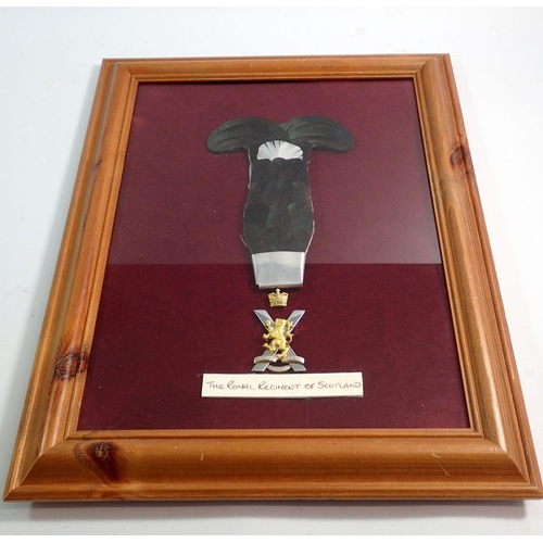 705 - A framed display of The Regiment of Scotland cap badges and black-cock feather hackle (please note -... 