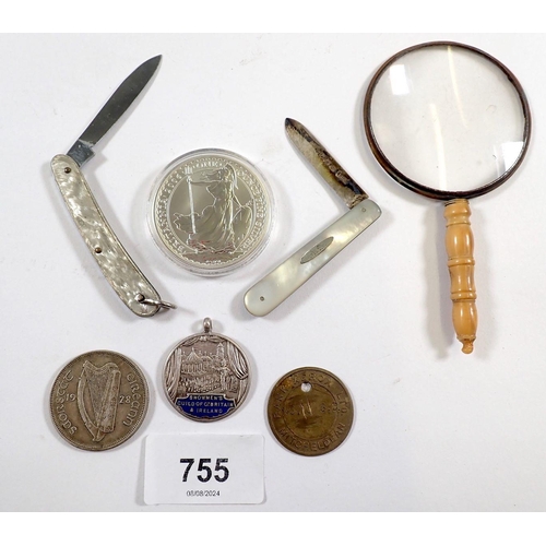 755 - Miscellaneous lot of aluminium coin case with 5 coin tiers and containing magnifying glass, 2 x pen ... 