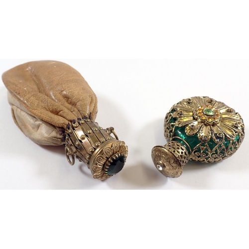 762 - A leather misers purse with gilt metal and green stone hinged lid and a gilt metal mounted scent bot... 