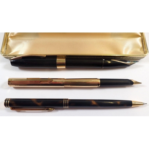 769 - A Parker gold plated fountain pen, a Shaeffer one and a Waterman pencil plus Sheaffer box