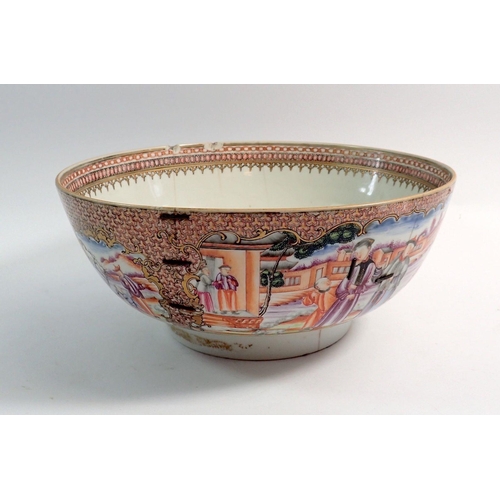 77 - A 19th century Chinese Canton large bowl painted reserves of dignitaries in landscape and interior s... 