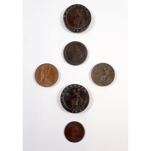 780 - A British group of copper coins including two George III cartwheel twopences and a cartwheel penny 1... 