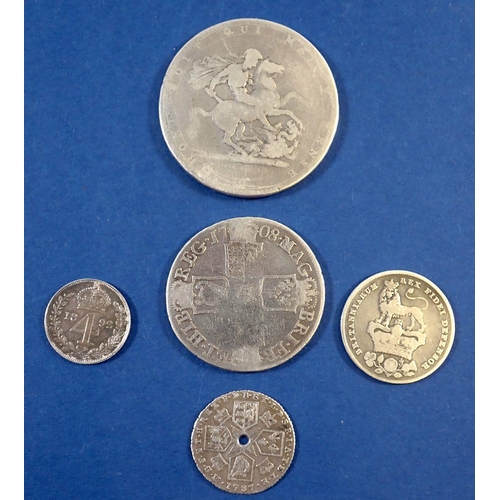 781 - A British silver coin group including a Queen Anne halfcrown 1708, George III crown 1820, George III... 