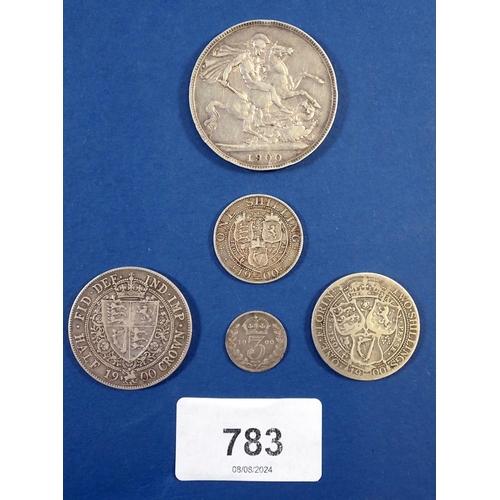 783 - A Victoria silver group 1900 crown, half crown, florin, shilling and threepence