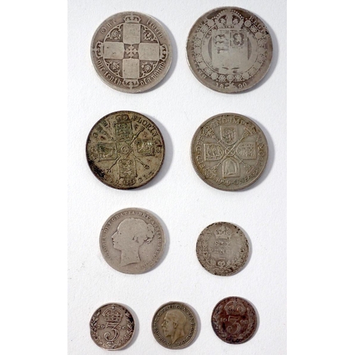 790 - A British pre-decimal group of coins including some silver content (58g), Victoria florin, Victoria ... 