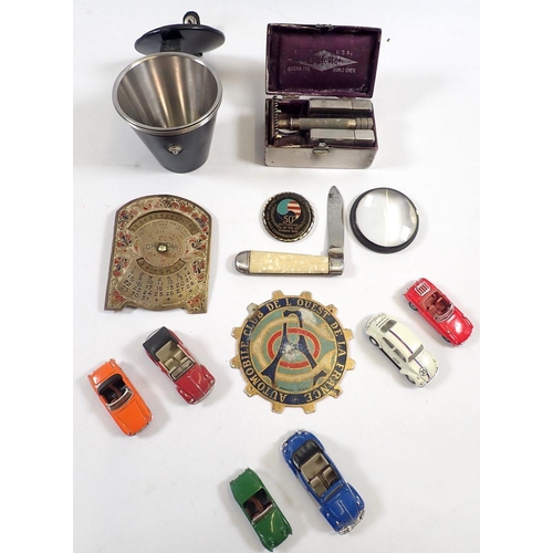 817 - A box of collectables including Danish set of stirrup cups, Gillette razor etc.