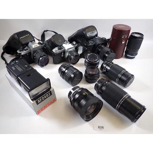 826 - Three Pentax cameras P30, ME Super and Super Program plus a selection of lenses including Carl Zeiss... 