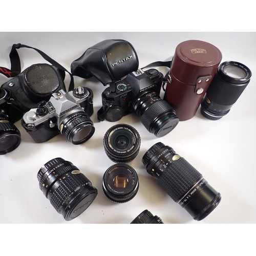 826 - Three Pentax cameras P30, ME Super and Super Program plus a selection of lenses including Carl Zeiss... 