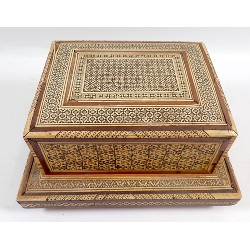 832 - A novelty inlaid bone and coloured wood cigarette box, 19cm wide