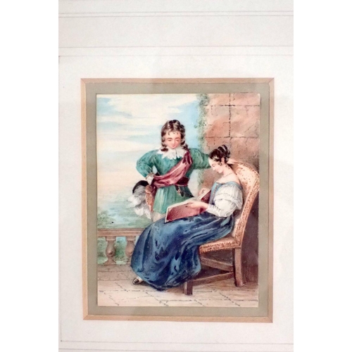 862 - An early Victorian watercolour of lady reminiscing with gentleman circa 1840 8.5x7cm