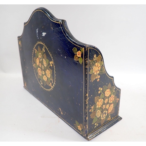 874 - A vintage wooden floral decorated desk top letter rack, 26cm wide