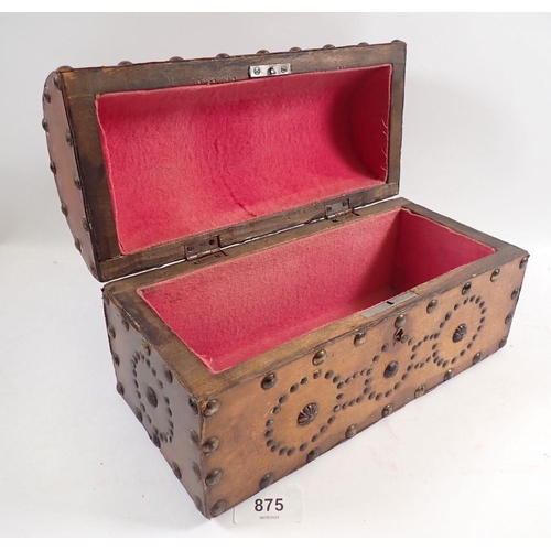 875 - A leather studded wooden dome top box, 26cm wide