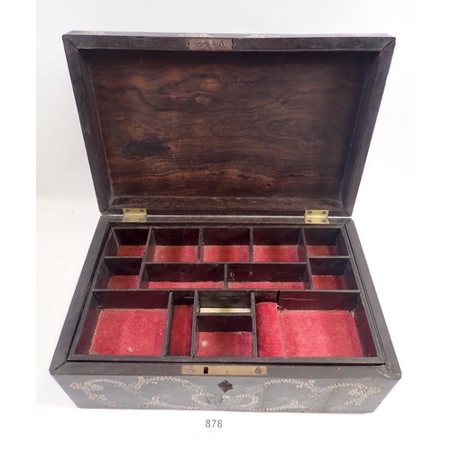 878 - A 19th century ebony jewellery box with bone inlay and fitted interior tray, 28cm wide