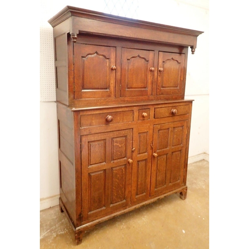 885 - A 19th century Welsh oak Deuddarn with three arch panel doors over three drawers and two panelled cu... 