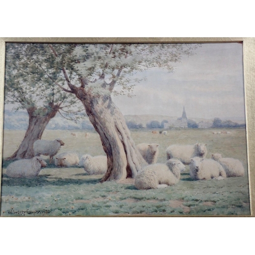 899 - W Sidney Cooper - watercolour sheep under tress with chruch to background, signed and dated 1920, 20... 