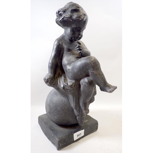 903 - An antique lead garden figure of a cherub seated on sphere, on plinth base, 39cm high