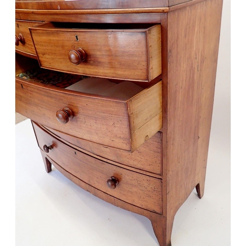 907 - A Victorian mahogany bow front chest of two short and three long drawers, 99cm wide