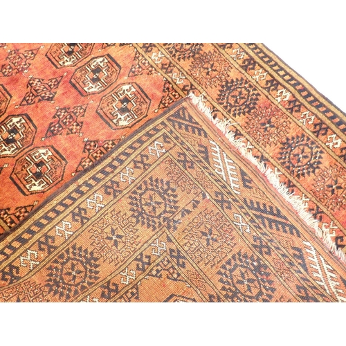 910 - A Turkoman style rug with two rows of guls on a rust ground, 169 x 115cm