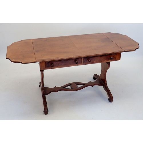 928 - A 20th century mahogany sofa table with two frieze drawers on shaped end supports and pierced cross ... 