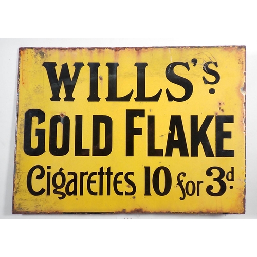 938 - A Wills's Gold Flake cigarettes 10 for 3d, double sided enamel tobacco advertising sign, 28 x 38cm