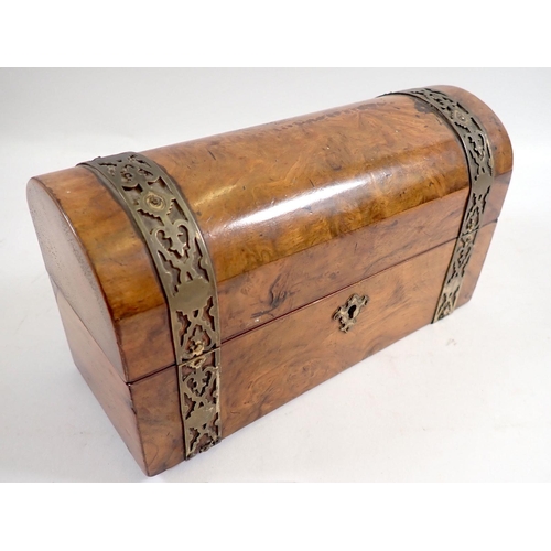 943 - A Victorian walnut small dome top box with brass banding and key, 19cm