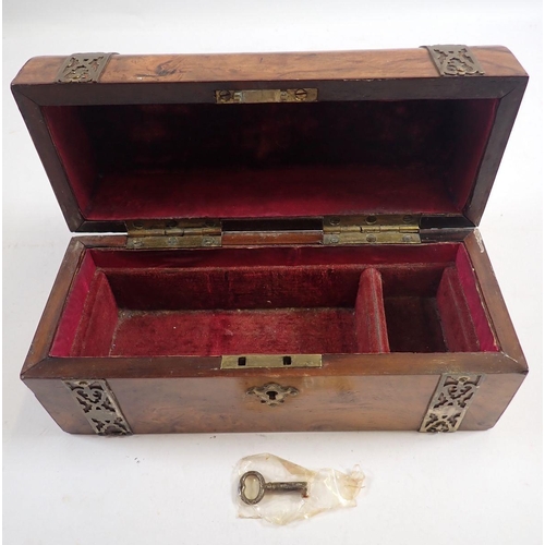 943 - A Victorian walnut small dome top box with brass banding and key, 19cm