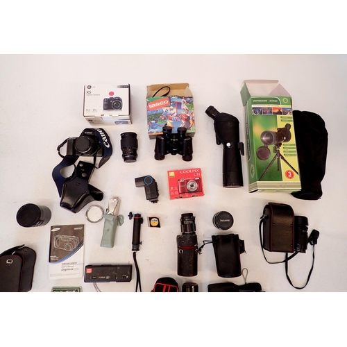 958 - A box of various cameras including Canon EOS 1000F, digital examples Nikon Coolpix, Samsung etc. plu... 