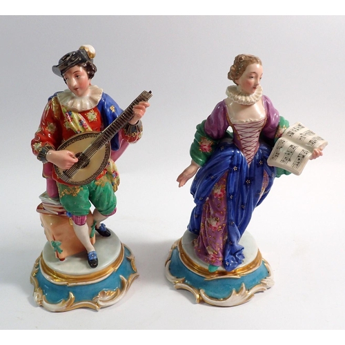 97 - A mid 19th century pair of French porcelain figures of mandolin player and singer in the style of Ja... 